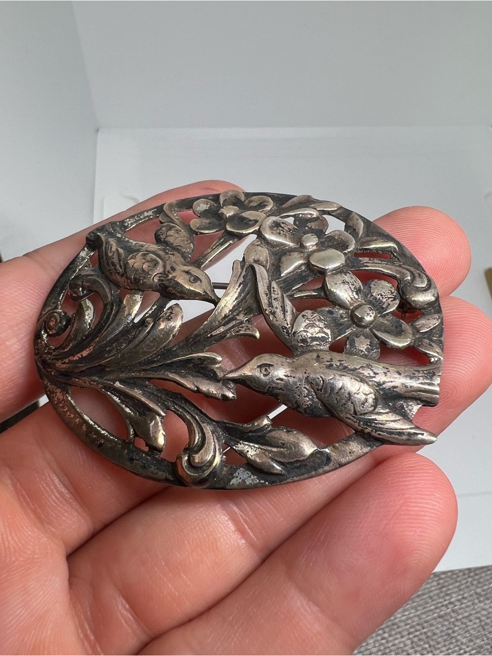 Vintage Sterling Silver Floral Bird Filigree Brooch
